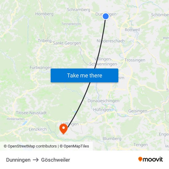 Dunningen to Göschweiler map