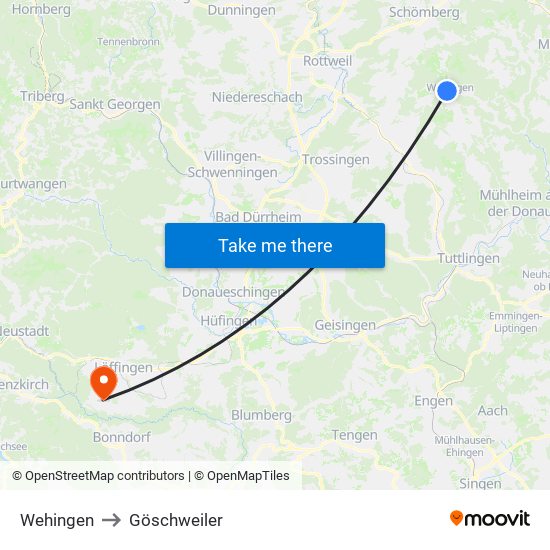 Wehingen to Göschweiler map