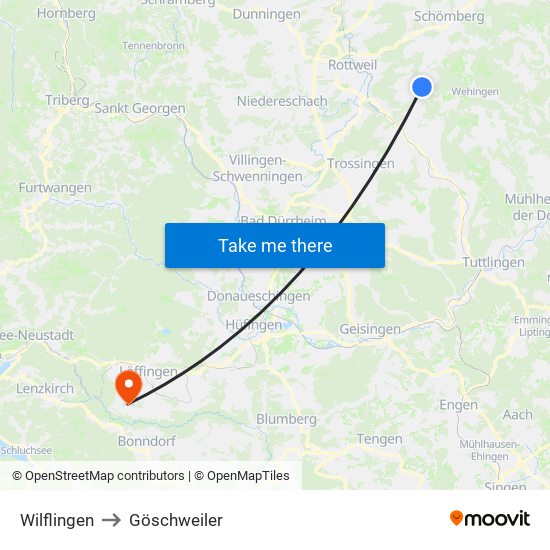 Wilflingen to Göschweiler map