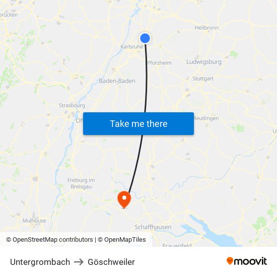 Untergrombach to Göschweiler map