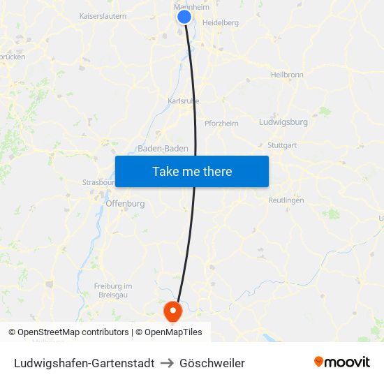 Ludwigshafen-Gartenstadt to Göschweiler map