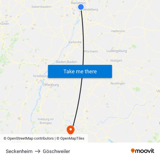 Seckenheim to Göschweiler map