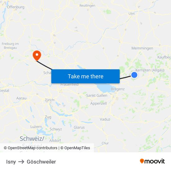 Isny to Göschweiler map