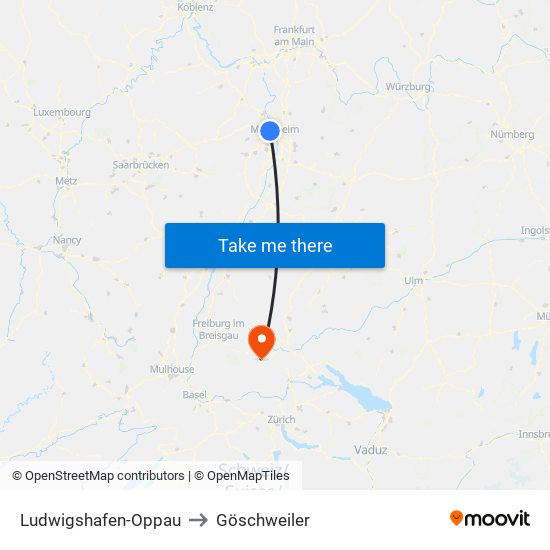 Ludwigshafen-Oppau to Göschweiler map