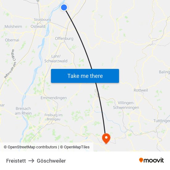 Freistett to Göschweiler map