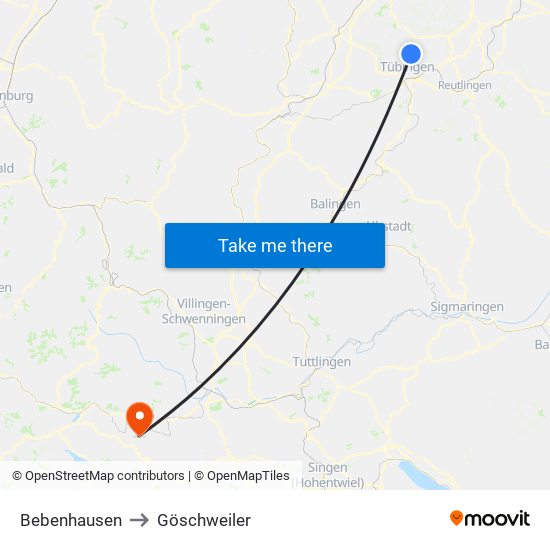 Bebenhausen to Göschweiler map