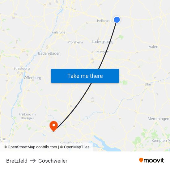 Bretzfeld to Göschweiler map