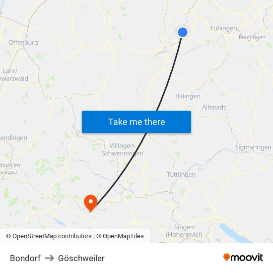 Bondorf to Göschweiler map