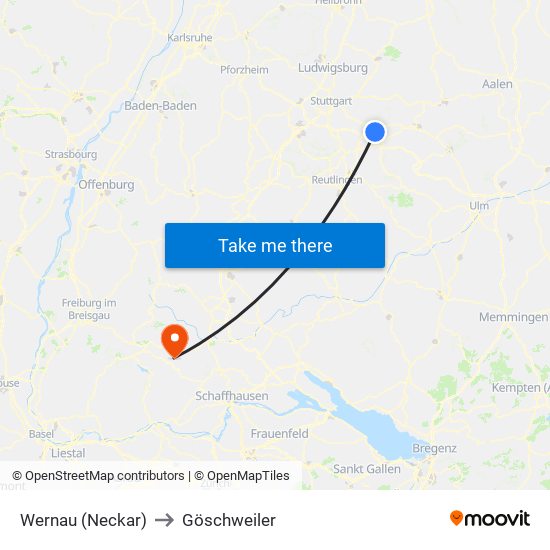 Wernau (Neckar) to Göschweiler map