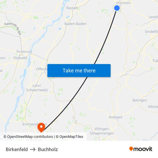 Birkenfeld to Buchholz map