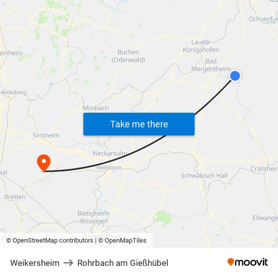 Weikersheim to Rohrbach am Gießhübel map