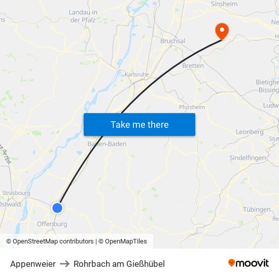 Appenweier to Rohrbach am Gießhübel map