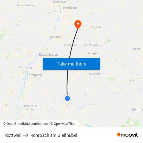 Rottweil to Rohrbach am Gießhübel map