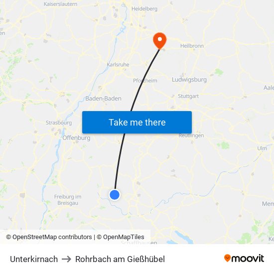 Unterkirnach to Rohrbach am Gießhübel map