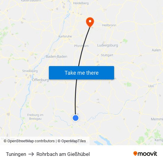 Tuningen to Rohrbach am Gießhübel map