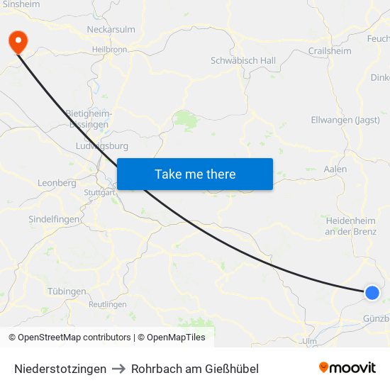 Niederstotzingen to Rohrbach am Gießhübel map
