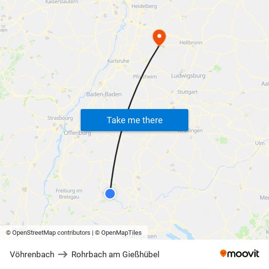 Vöhrenbach to Rohrbach am Gießhübel map