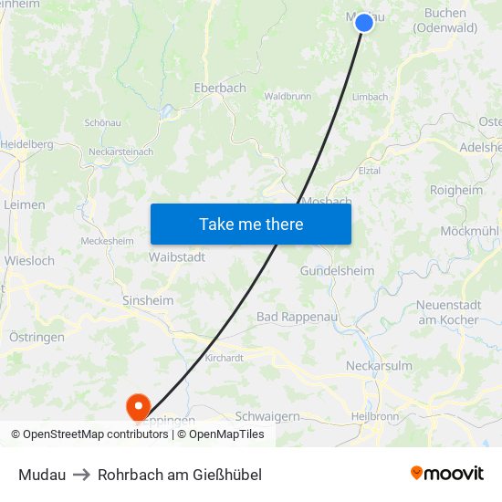 Mudau to Rohrbach am Gießhübel map