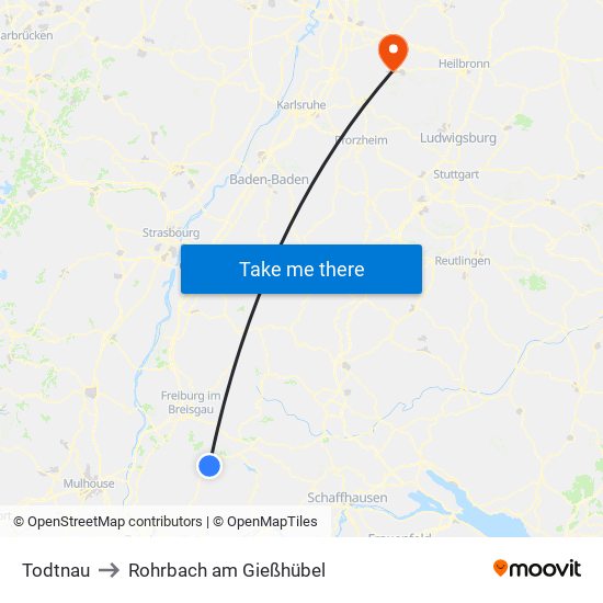 Todtnau to Rohrbach am Gießhübel map