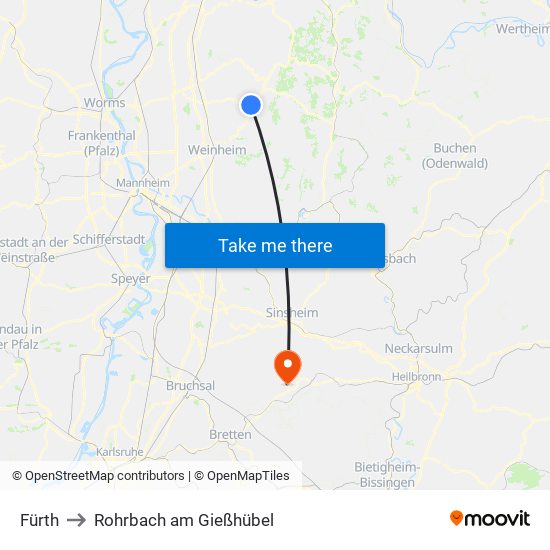 Fürth to Rohrbach am Gießhübel map