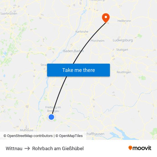 Wittnau to Rohrbach am Gießhübel map