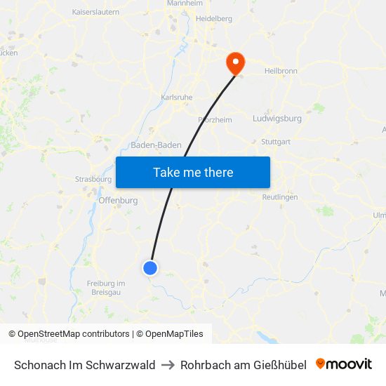 Schonach Im Schwarzwald to Rohrbach am Gießhübel map