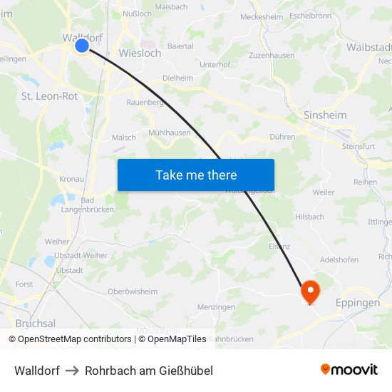Walldorf to Rohrbach am Gießhübel map