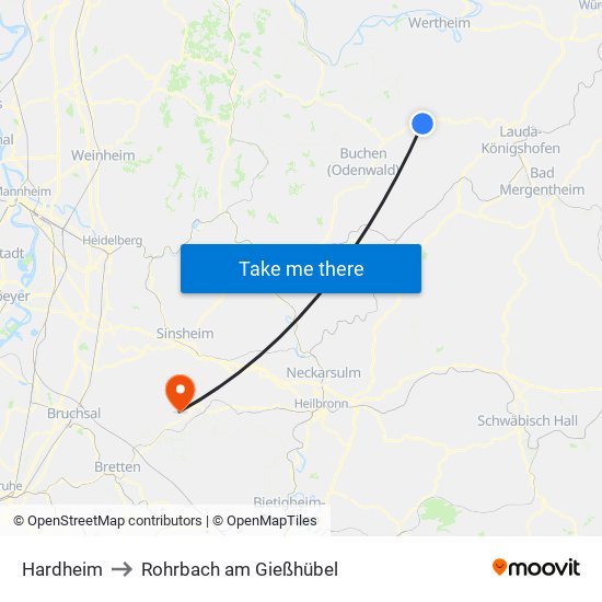 Hardheim to Rohrbach am Gießhübel map