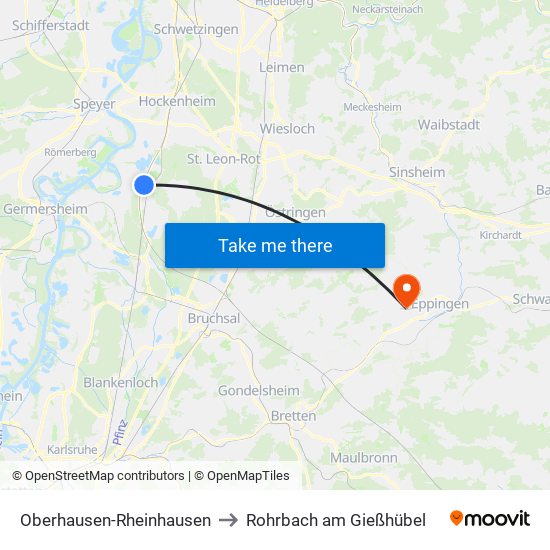 Oberhausen-Rheinhausen to Rohrbach am Gießhübel map