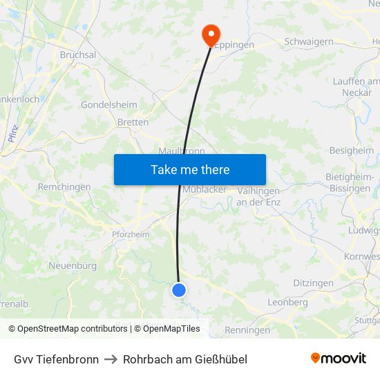 Gvv Tiefenbronn to Rohrbach am Gießhübel map