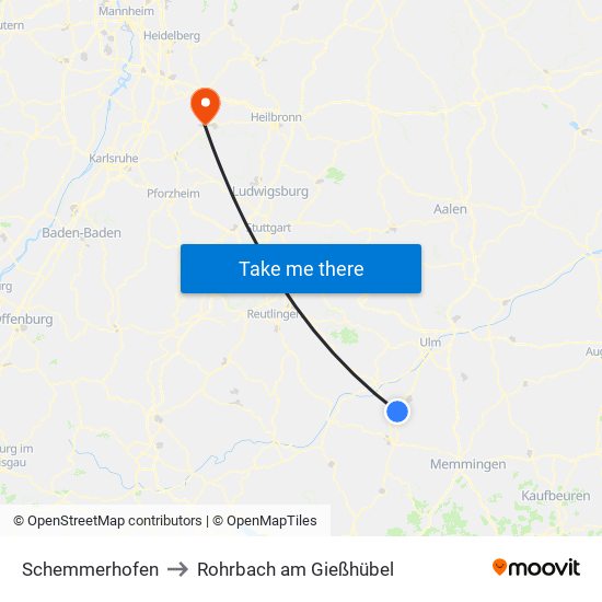 Schemmerhofen to Rohrbach am Gießhübel map