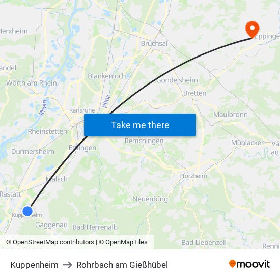 Kuppenheim to Rohrbach am Gießhübel map