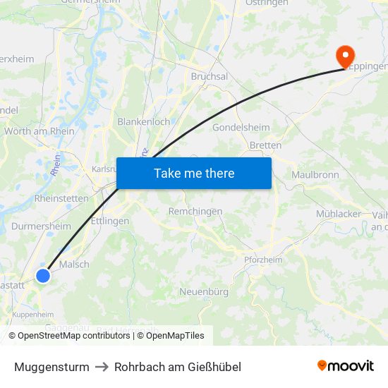 Muggensturm to Rohrbach am Gießhübel map