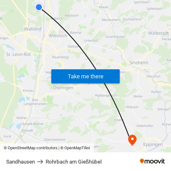 Sandhausen to Rohrbach am Gießhübel map
