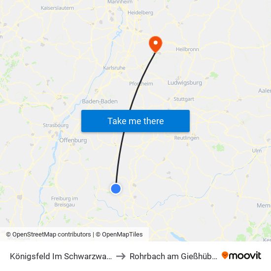 Königsfeld Im Schwarzwald to Rohrbach am Gießhübel map