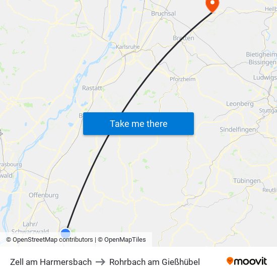 Zell am Harmersbach to Rohrbach am Gießhübel map