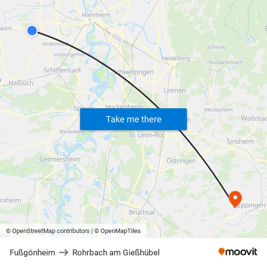 Fußgönheim to Rohrbach am Gießhübel map