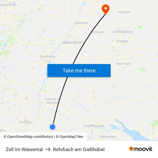 Zell Im Wiesental to Rohrbach am Gießhübel map