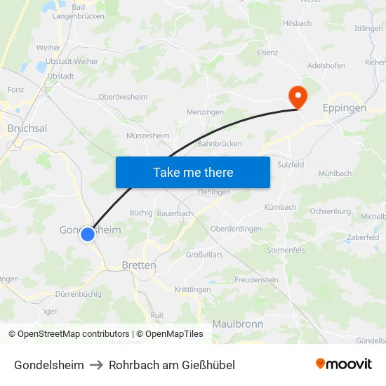 Gondelsheim to Rohrbach am Gießhübel map
