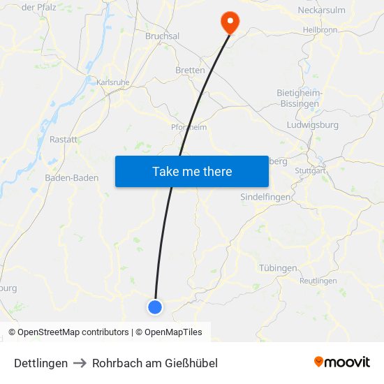 Dettlingen to Rohrbach am Gießhübel map