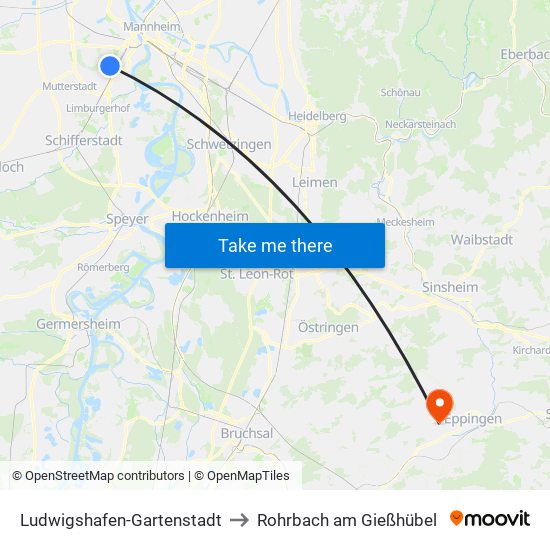 Ludwigshafen-Gartenstadt to Rohrbach am Gießhübel map