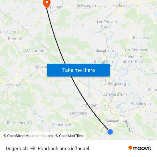 Degerloch to Rohrbach am Gießhübel map