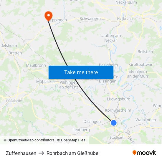 Zuffenhausen to Rohrbach am Gießhübel map