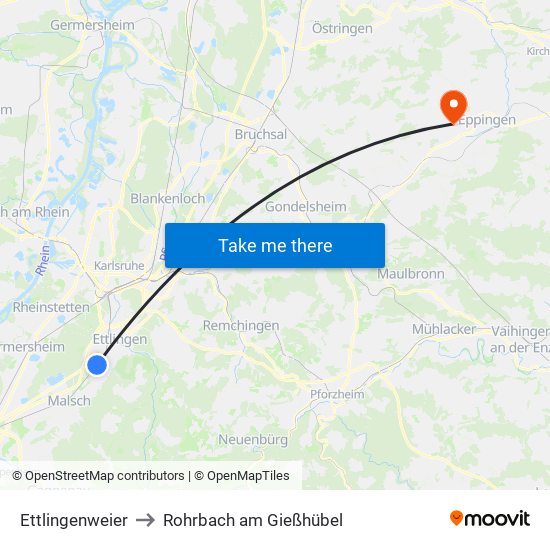 Ettlingenweier to Rohrbach am Gießhübel map