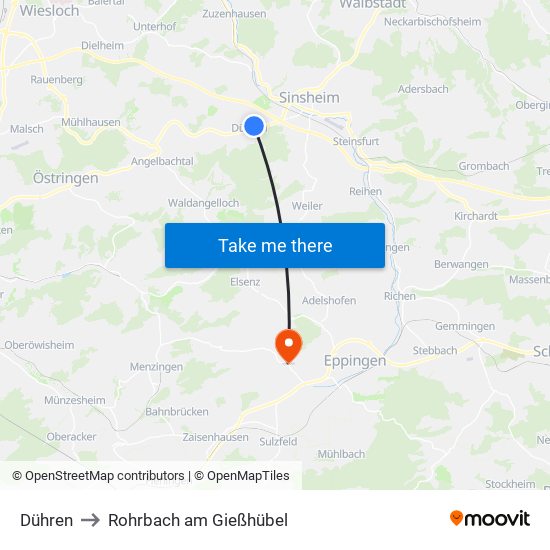 Dühren to Rohrbach am Gießhübel map
