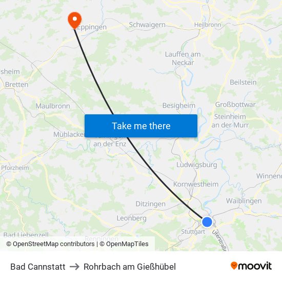 Bad Cannstatt to Rohrbach am Gießhübel map