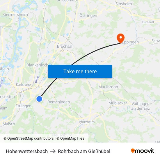 Hohenwettersbach to Rohrbach am Gießhübel map