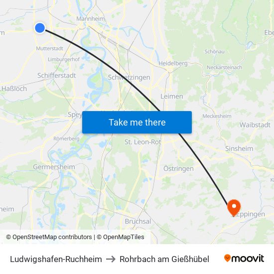 Ludwigshafen-Ruchheim to Rohrbach am Gießhübel map
