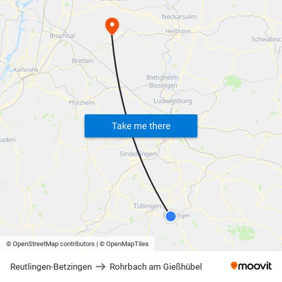 Reutlingen-Betzingen to Rohrbach am Gießhübel map