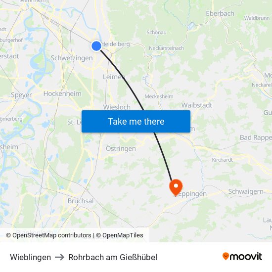 Wieblingen to Rohrbach am Gießhübel map